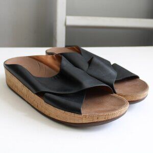 FitFlop Kys Cross Leather Cork Wedge Slides Sandal Black 375-001 Women's Size 11